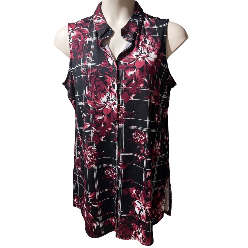Avenue Women 14/16 Burgundy Floral Plaid Sleeveless Button Down Tunic‎ Top NWOT - Picture 2 of 13